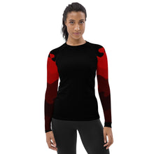 Load image into Gallery viewer, Women&#39;s Rash Guard and Layering Shirt in Abstract Red Flame Design on Sleeves, Black Background
