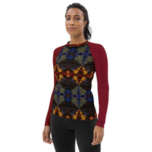 Load image into Gallery viewer, Women&#39;s Rash Guard/Layering Shirt with UPF50+ Fabric in Kaleidoscope 2 with Crimson Sleeves

