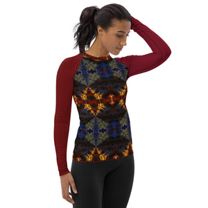 Women's Rash Guard/Layering Shirt with UPF50+ Fabric in Kaleidoscope 2 with Crimson Sleeves