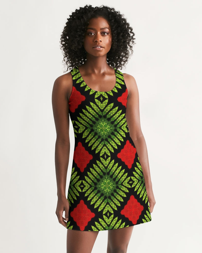 Racerback Dress in Red, Green & Black Graphic Print