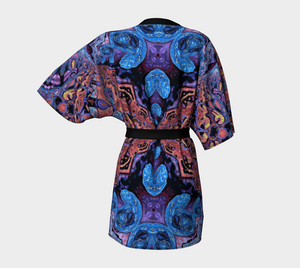 Ornate Blue Coral Tapestry Kimono Jacket with detachable Bamboo Belt